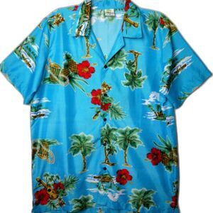 Island Shirtworks Men Size M Aloha Shirt Blue Hawaii Hibiscus Palm Camp